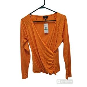 Jessica Simpson Kiki Faux Wrap Long Sleeve Top in Orange Ochre SZ L